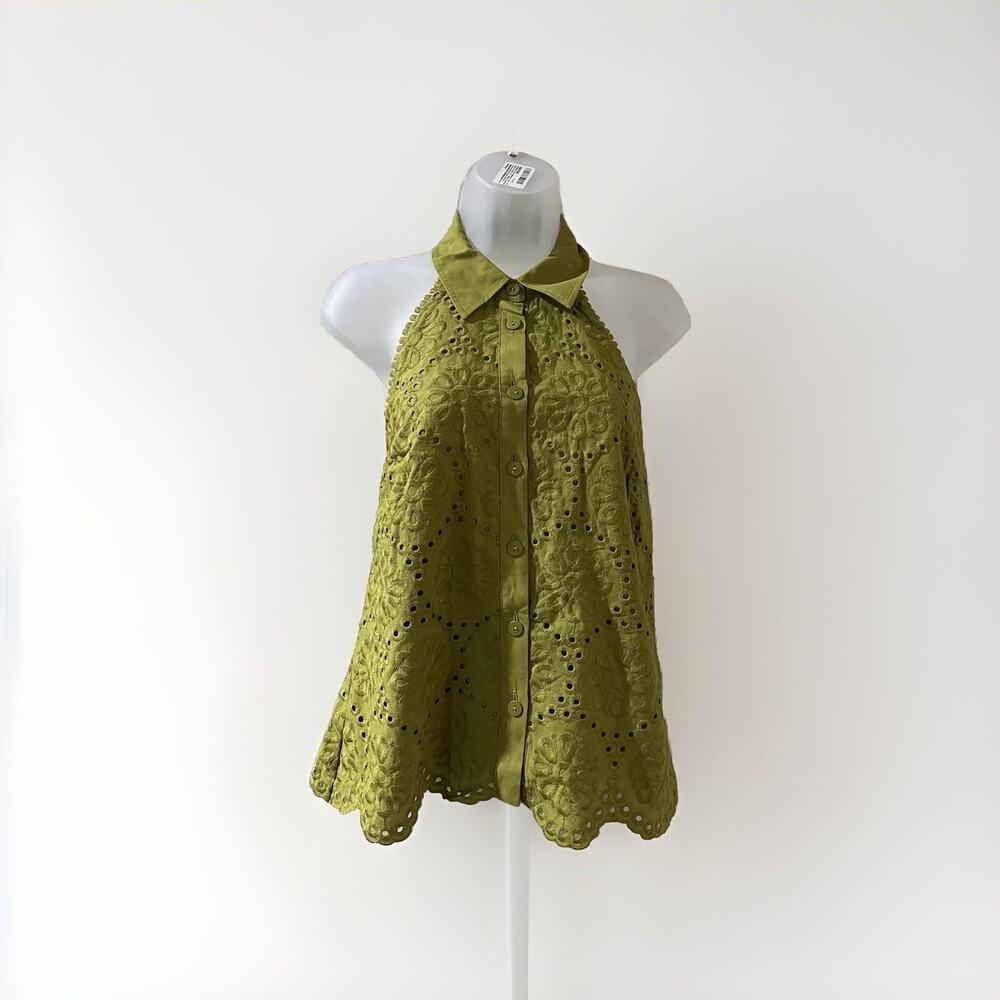 NWT Ryegrass Green Floral Lace Tie Mock Neck Sleeveless Tunic Blouse Size 4